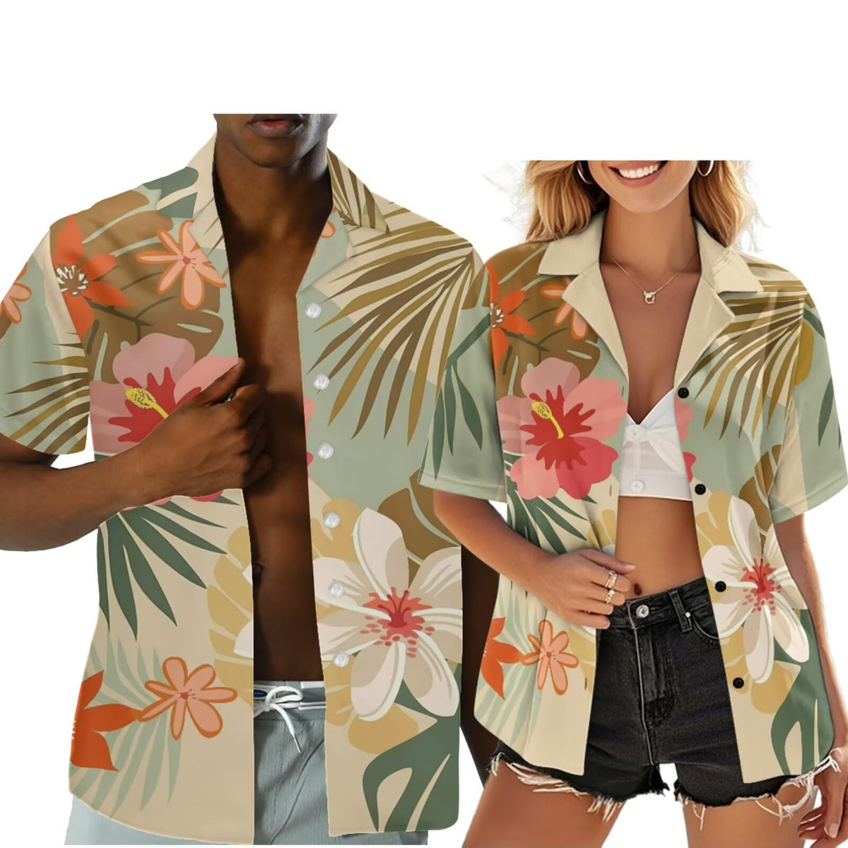 Hawaiian Couples Matching Shirt for Men Women Hawaii Outfit for Husband and Wife Beach Vacation Button Down Shirt