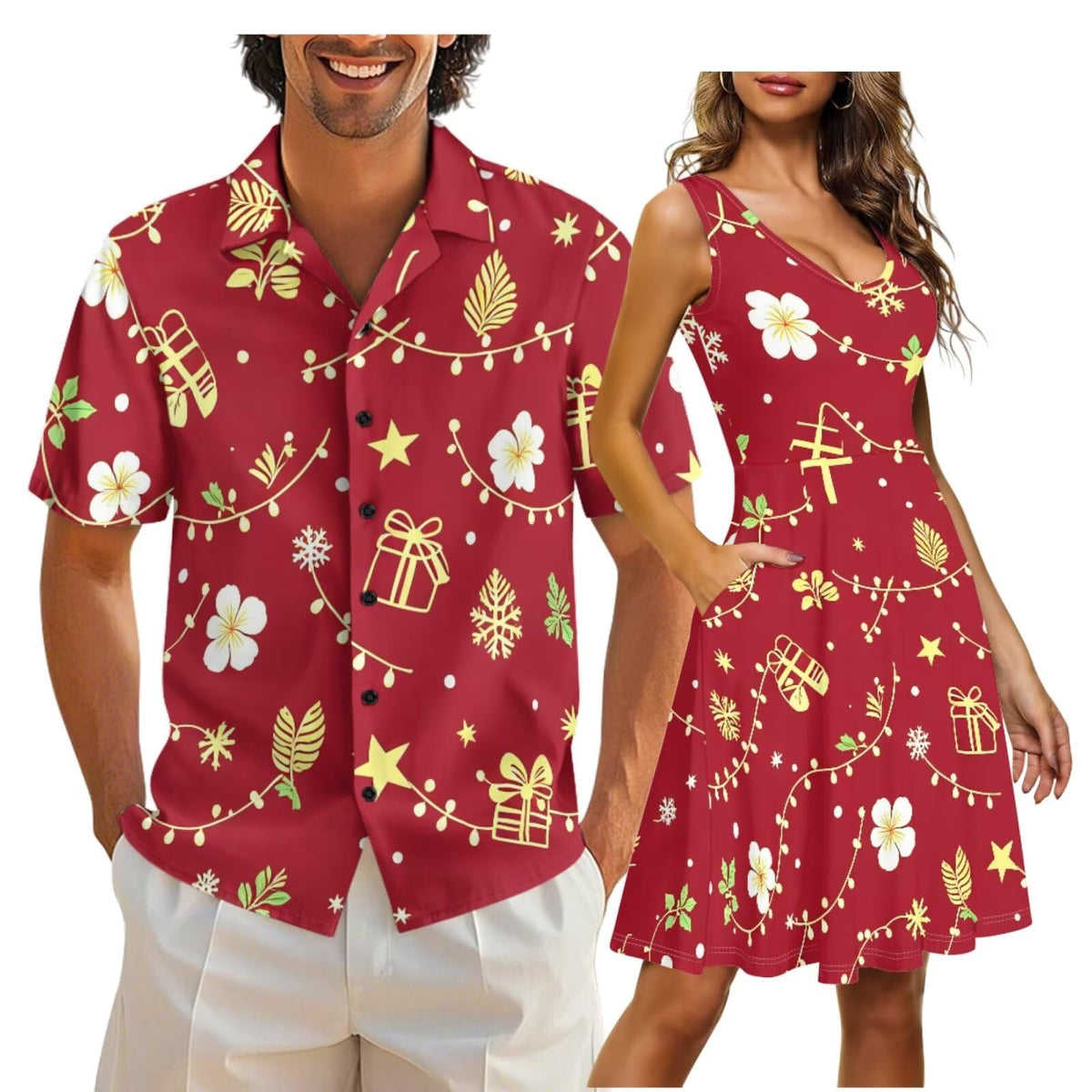 Gomyblomy Matching Hawaiian Outfits for Couples Vacation Tropical Floral Women Dress Mens Shirts His and Hers Clothing