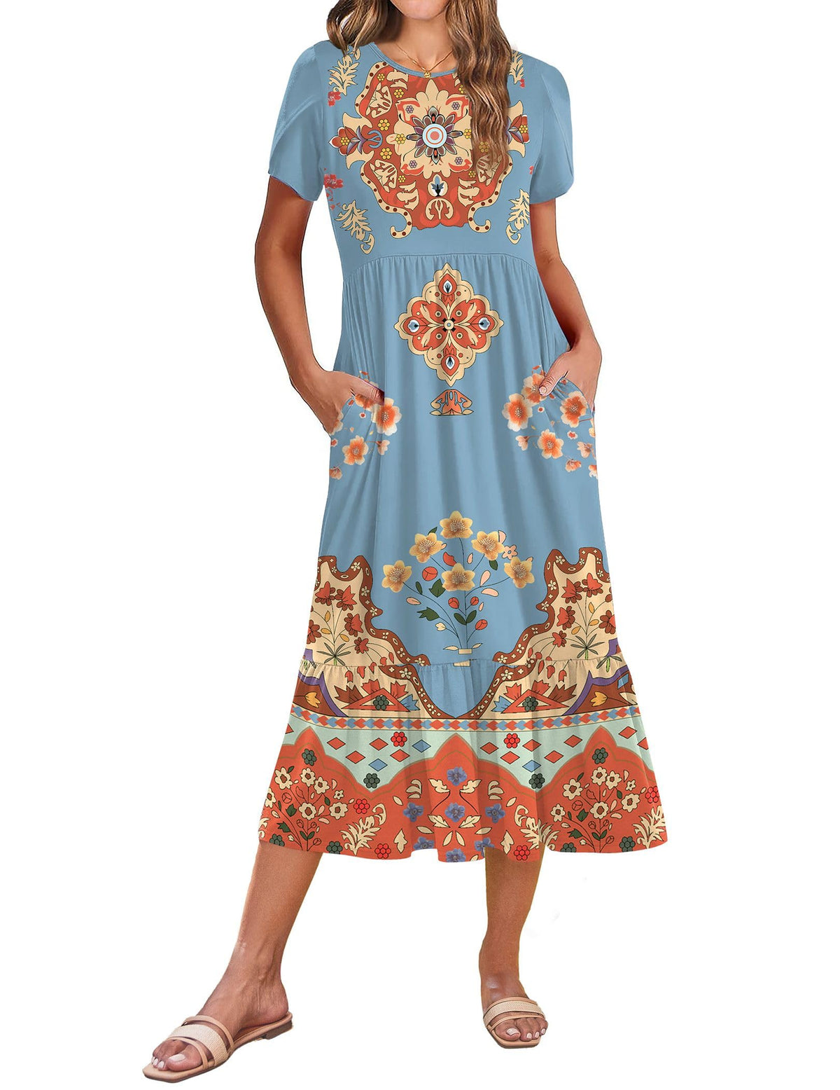 Zeagoo Women Summer Midi A Line Dress Short Sleeve Casual Flowy Tiered Beach Long Sundress with Pockets 2026 Vacation Travel