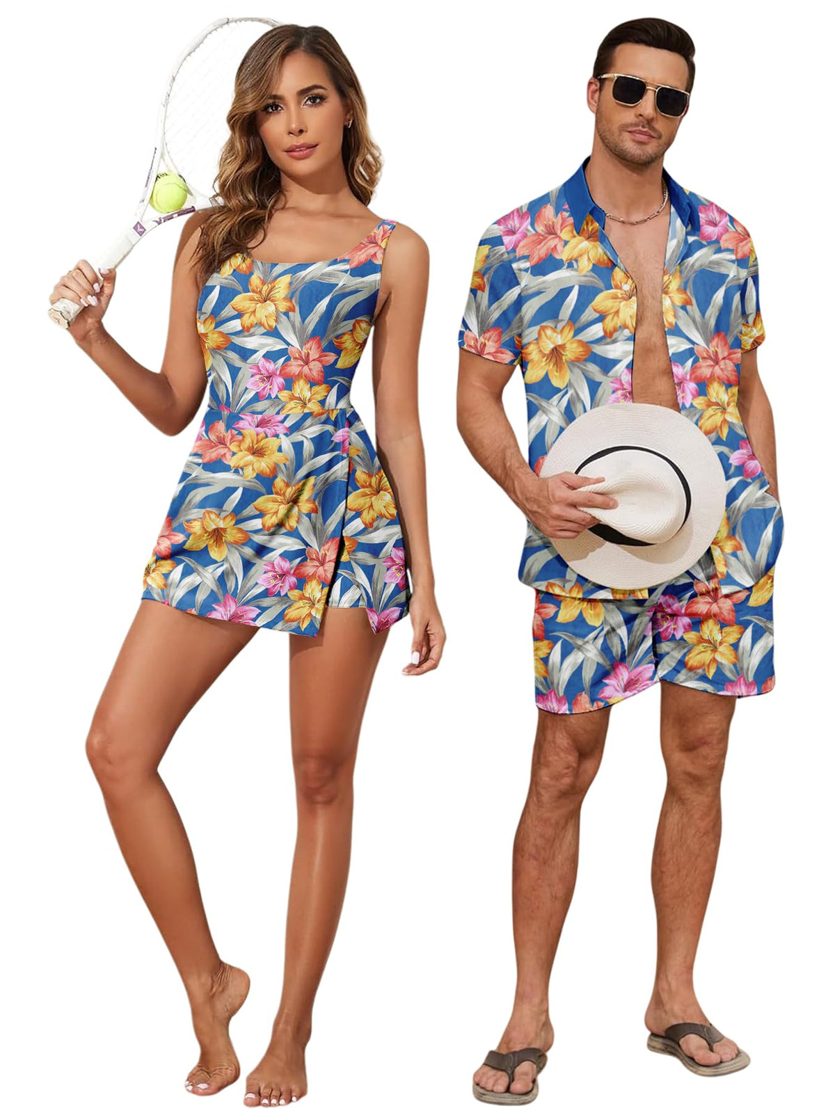Matching Hawaiian Outfits Beach Vacation for Couples Tropical Print Women One Piece Swimwear or Men Shirt Suit