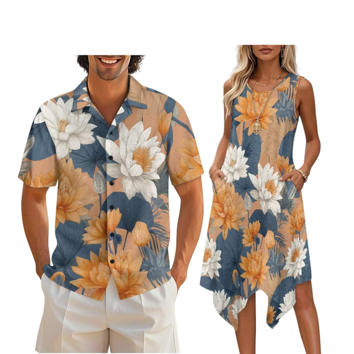 doginthehole Matching Hawaiian Outfits for Couples Men's Button Down Shirt Sleeveless Sundresses Summer Dress for Women