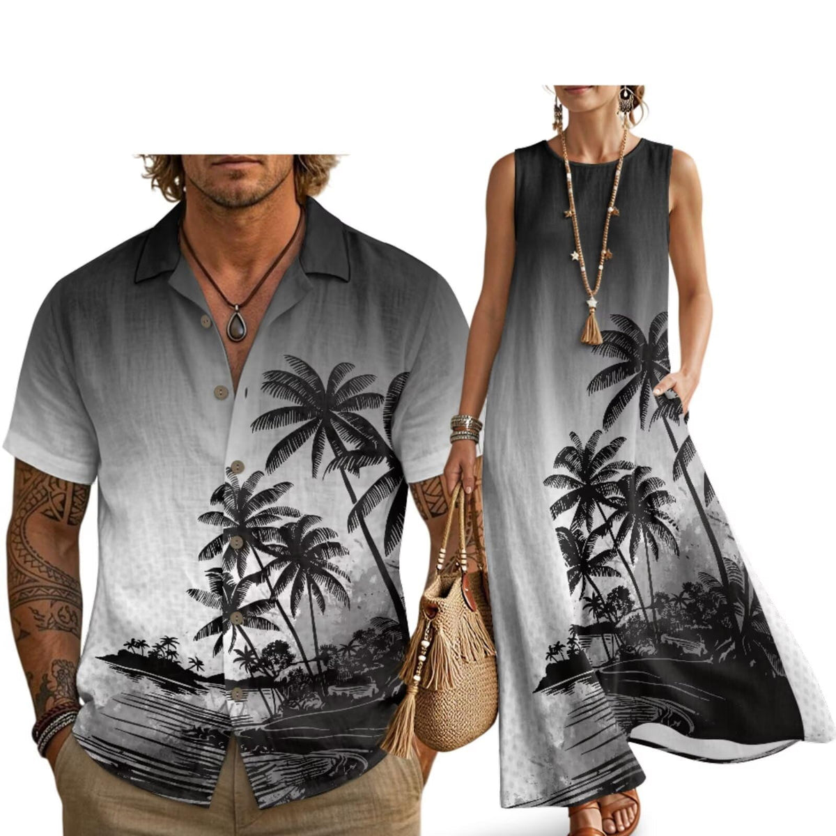 Husband and Wife Clothes Linen Casual Shirt for Men Maxi Dress for Women Summer Dress Matching Vacation Clothes