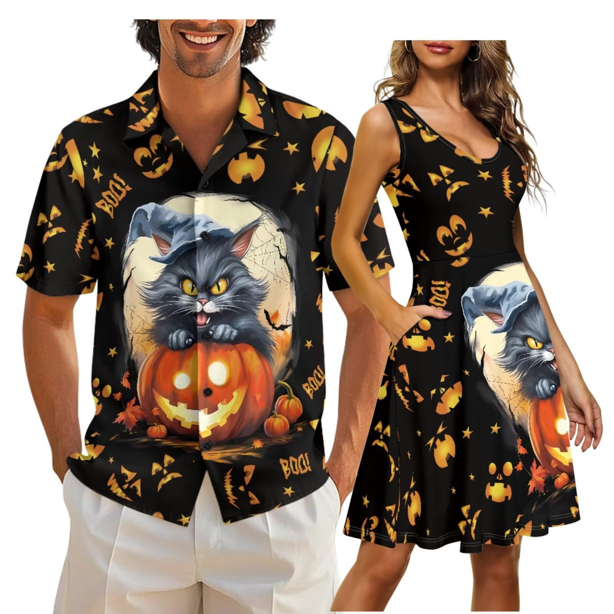 Gomyblomy Matching Hawaiian Outfits for Couples Vacation Tropical Floral Women Dress Mens Shirts His and Hers Clothing