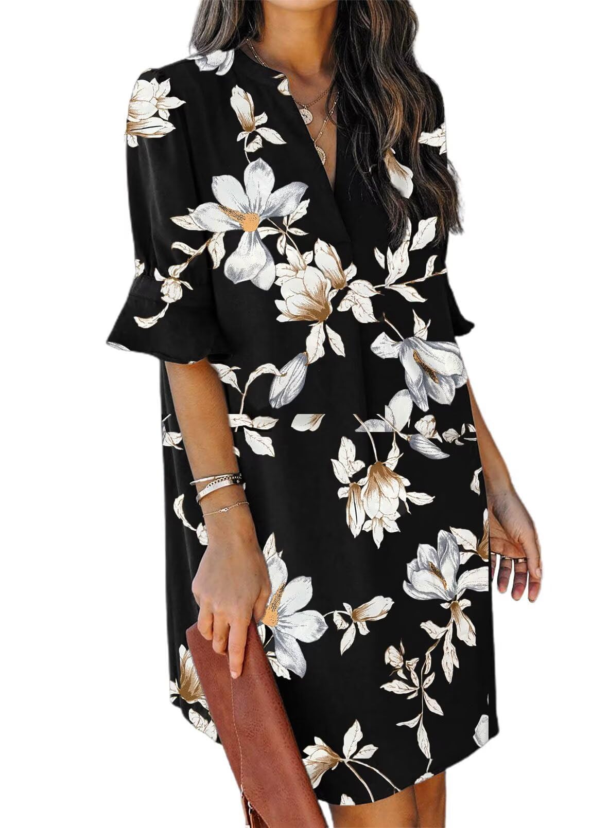 QACOHU Summer Dresses for Women V Neck Ruffle Short Sleeve Shift Dress