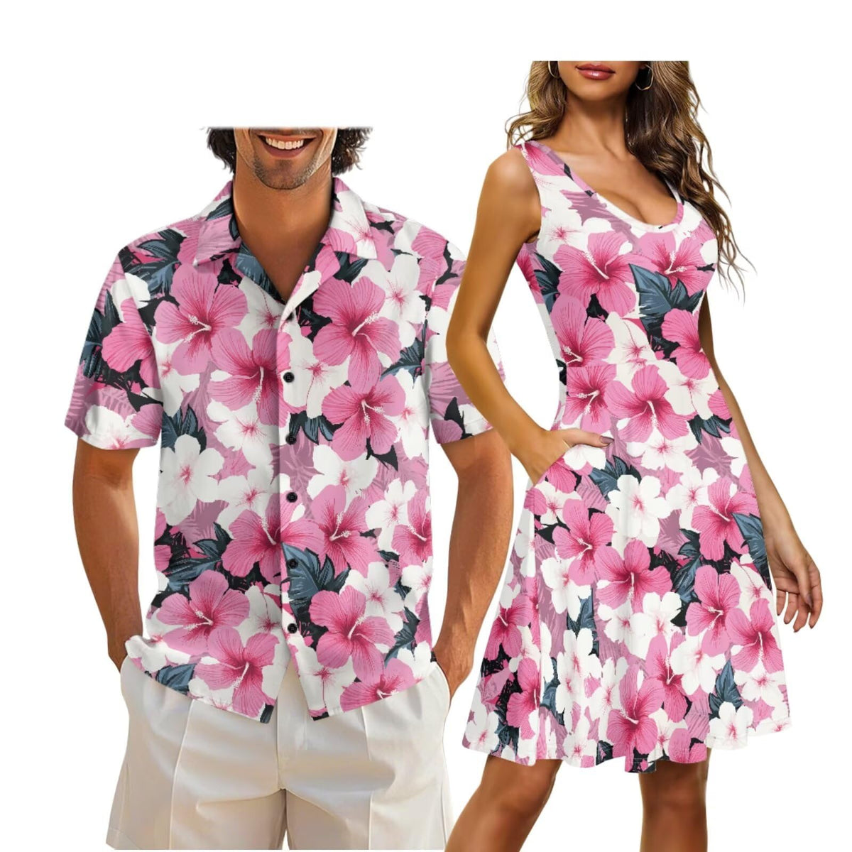 Cozeyat Matching Hawaiian Outfits for Couples Mens Button Up Polos Shirt and Women Sleeveless Sundress with Pockets