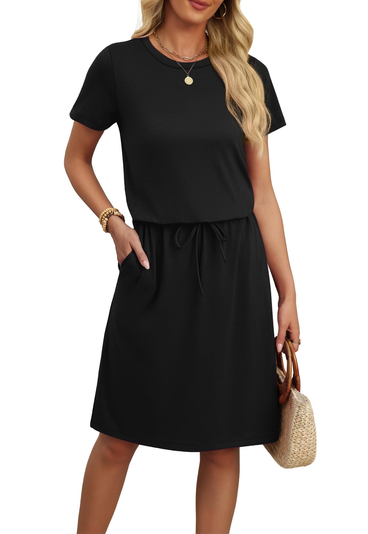 OFEEFAN Womens Summer Dresses Fashion Short Sleeve Crew Neck T Shirt Sundresses Casual Tie Waist with Pockets
