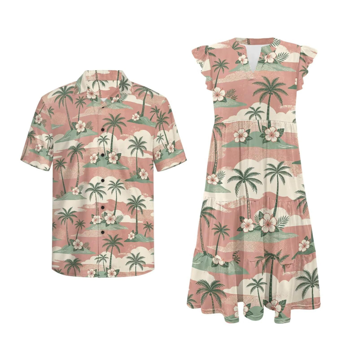 His and Hers Matching Hawaiian Outfits Mens Button Down Shirt Flowy Tiered Midi Dress
