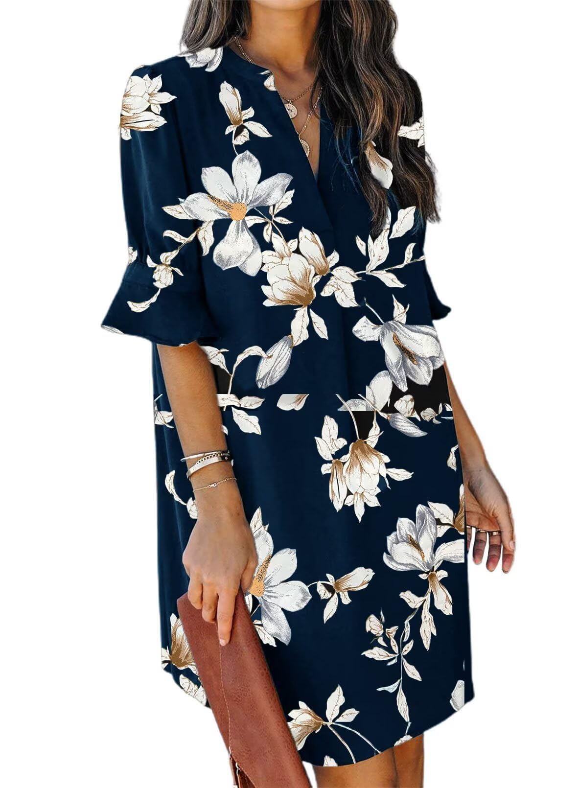 QACOHU Summer Dresses for Women V Neck Ruffle Short Sleeve Shift Dress