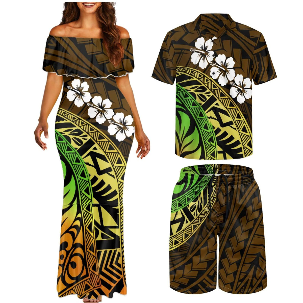 Matchable Couple Hawaiian Polynesian Puletasi Samoa Womens Dress with Mens Shirt and Mens Shorts Couple Set