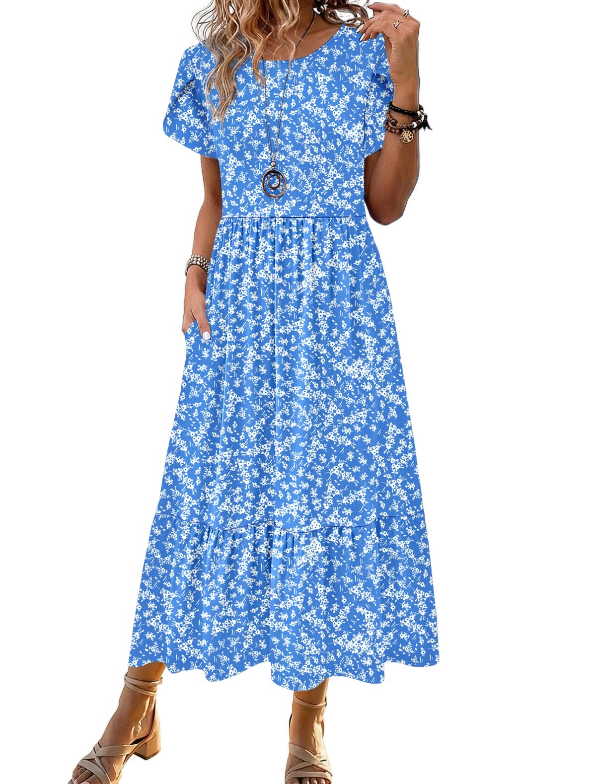 Zeagoo Women Summer Midi A Line Dress Short Sleeve Casual Flowy Tiered Beach Long Sundress with Pockets 2026 Vacation Travel