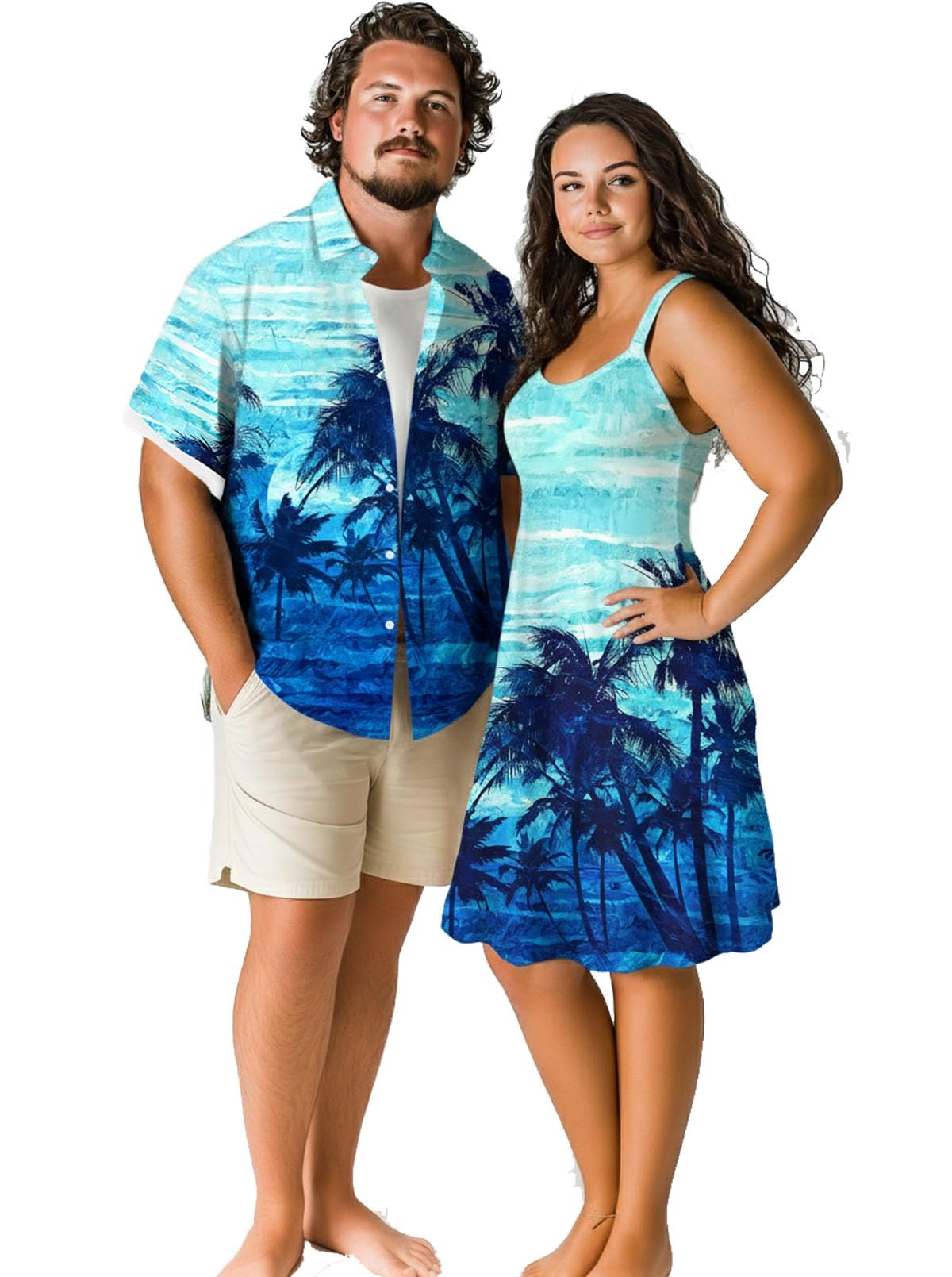 ROSE GAL Matchable Couple Hawaiian Coconut Tree Print Shirt or Plus Size Knee Length Fit and Flare Tank Dress