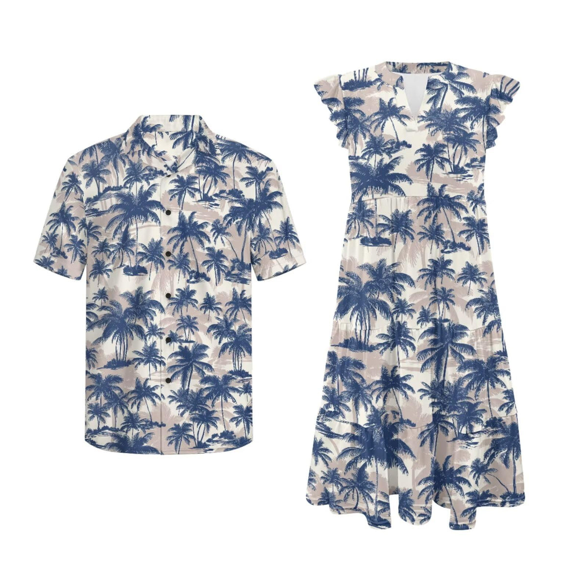 His and Hers Matching Hawaiian Outfits Mens Button Down Shirt Flowy Tiered Midi Dress