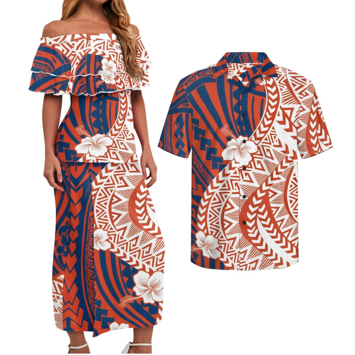 Polynesian Couples Matching Outfits Short Sleeve Puletsai Samoan Traditional Dress & Man Shirts