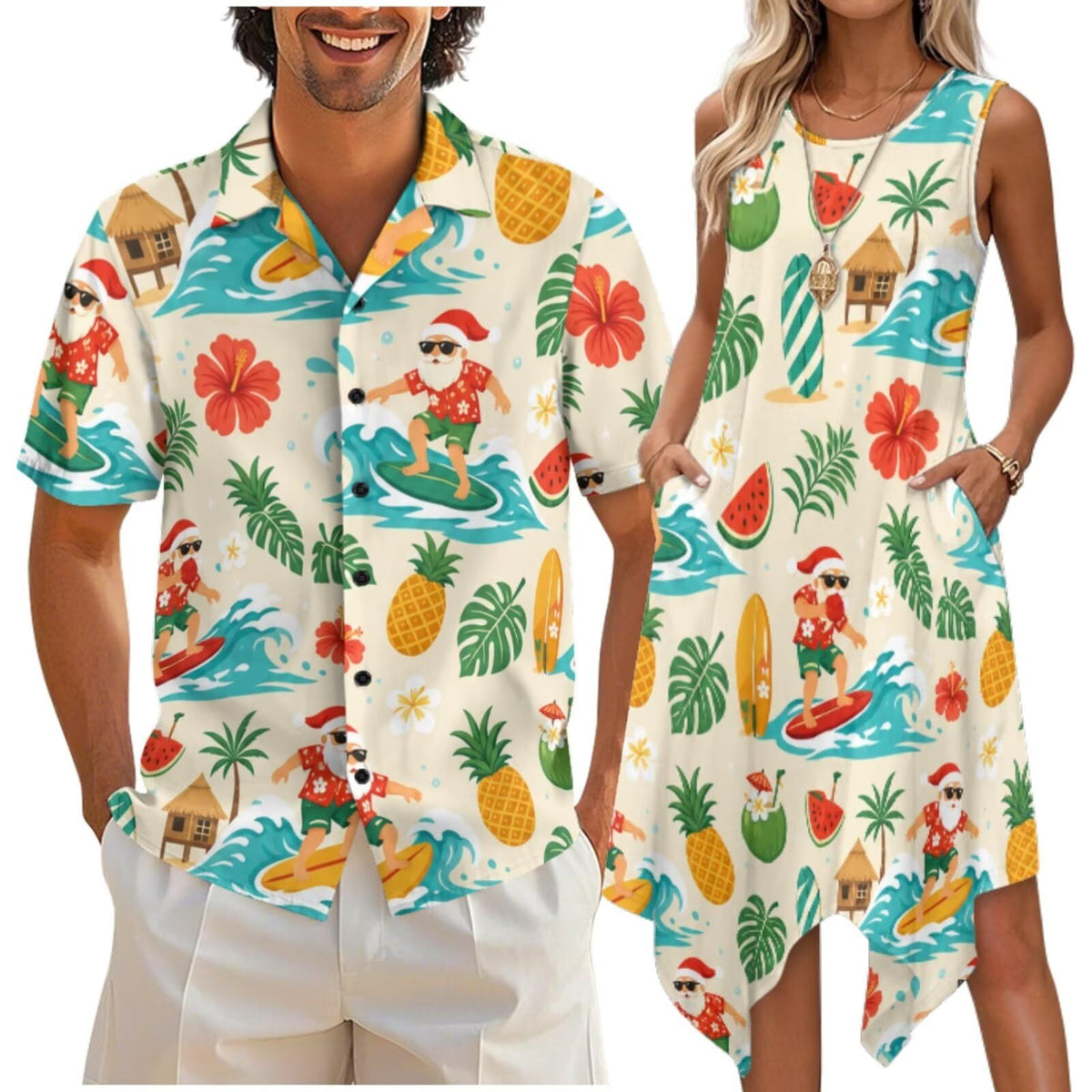 doginthehole Matching Hawaiian Outfits for Couples Men's Button Down Shirt Sleeveless Sundresses Summer Dress for Women