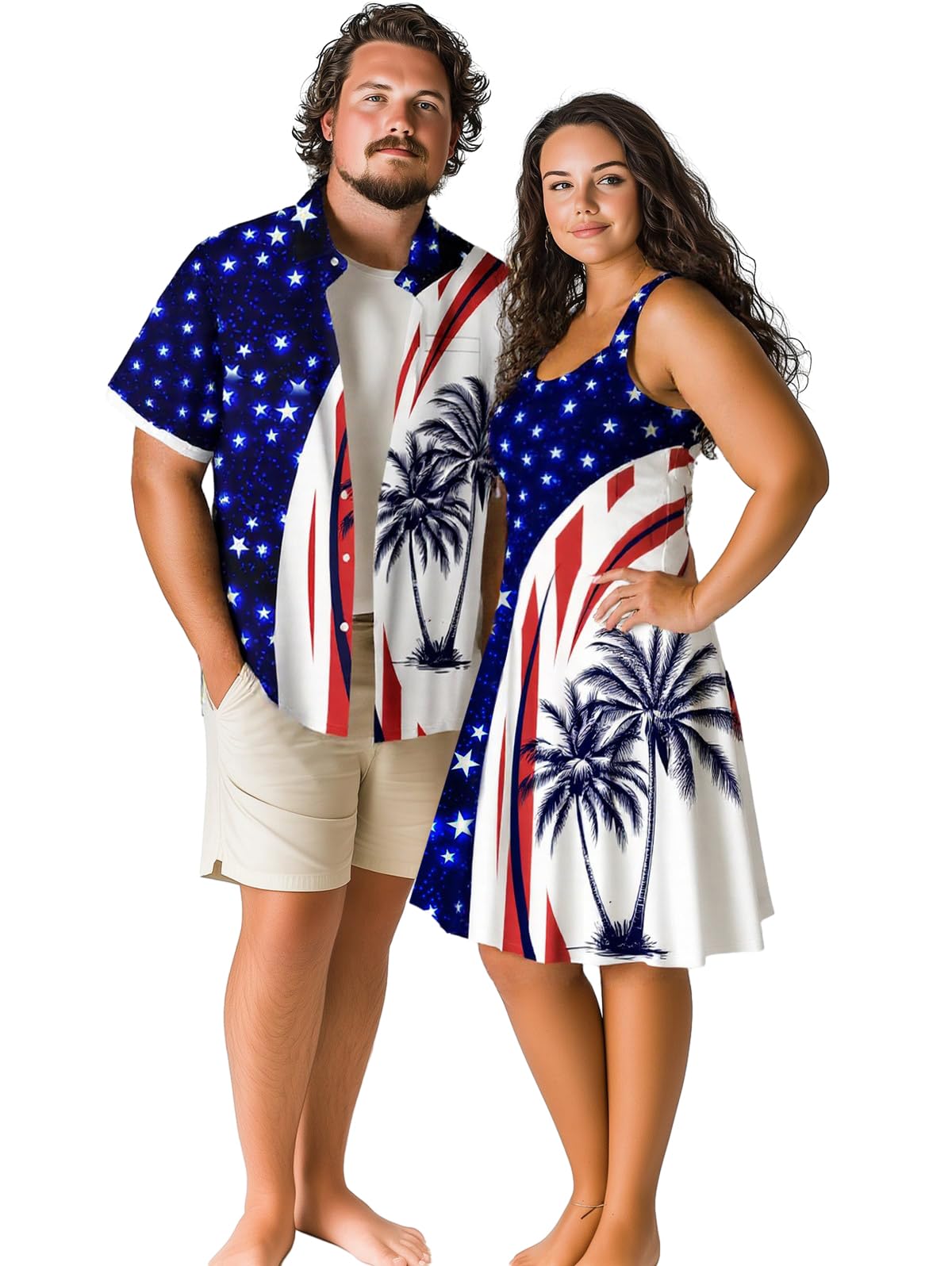ROSE GAL Matchable Couple Hawaiian Coconut Tree Print Shirt or Plus Size Knee Length Fit and Flare Tank Dress