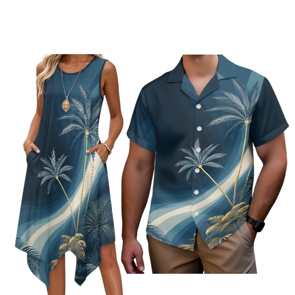 Matching Hawaiian Outfits for Couples Womens Asymmetrical Midi Dress Mens Beach Shirts Short Sleeve Button Up Shirt
