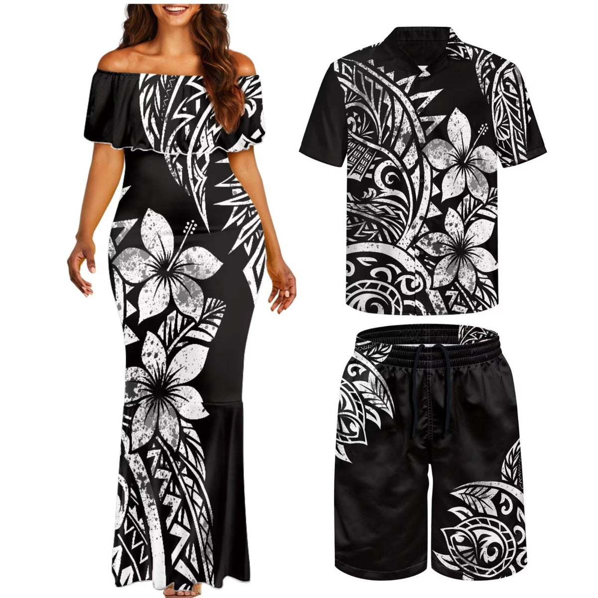 Matchable Couple Hawaiian Polynesian Puletasi Samoa Womens Dress with Mens Shirt and Mens Shorts Couple Set