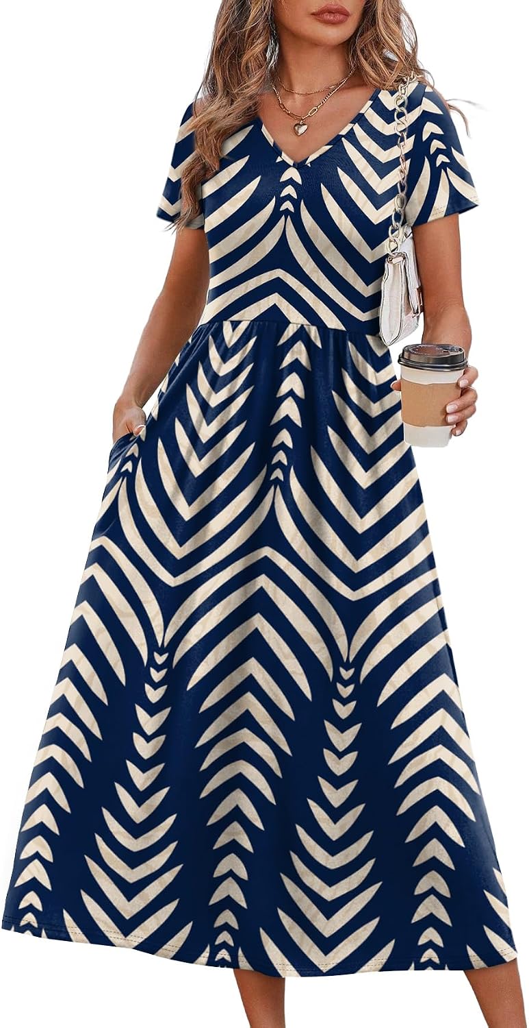 OFEEFAN Summer Dresses for Women Flowy Casual A-Line Midi Dress Beach Vacation Sundresses with Pockets S-2XL