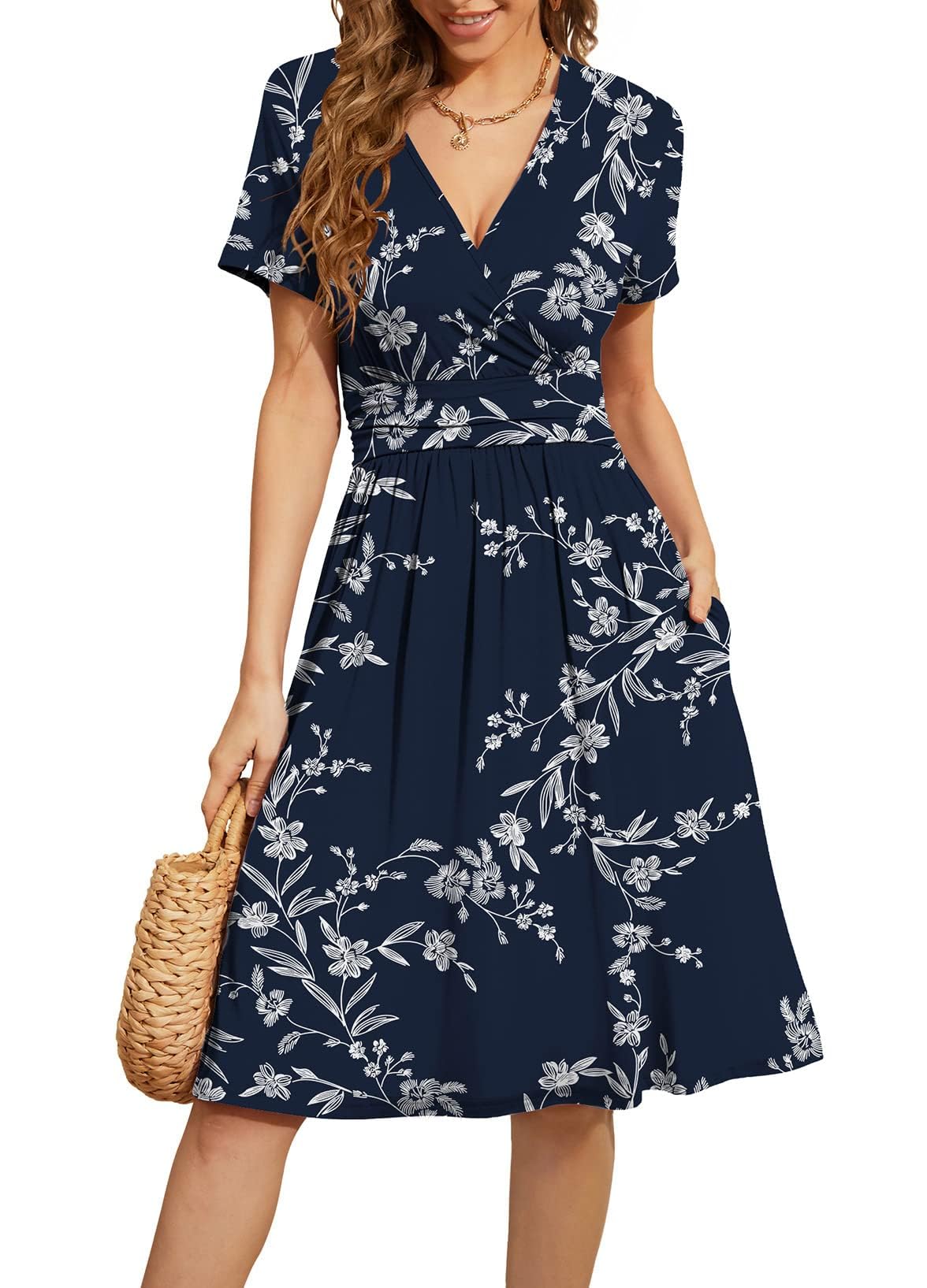 WEACZZY Women's Summer Short Sleeve Casual Dresses V-Neck Floral Party Dress with Pockets