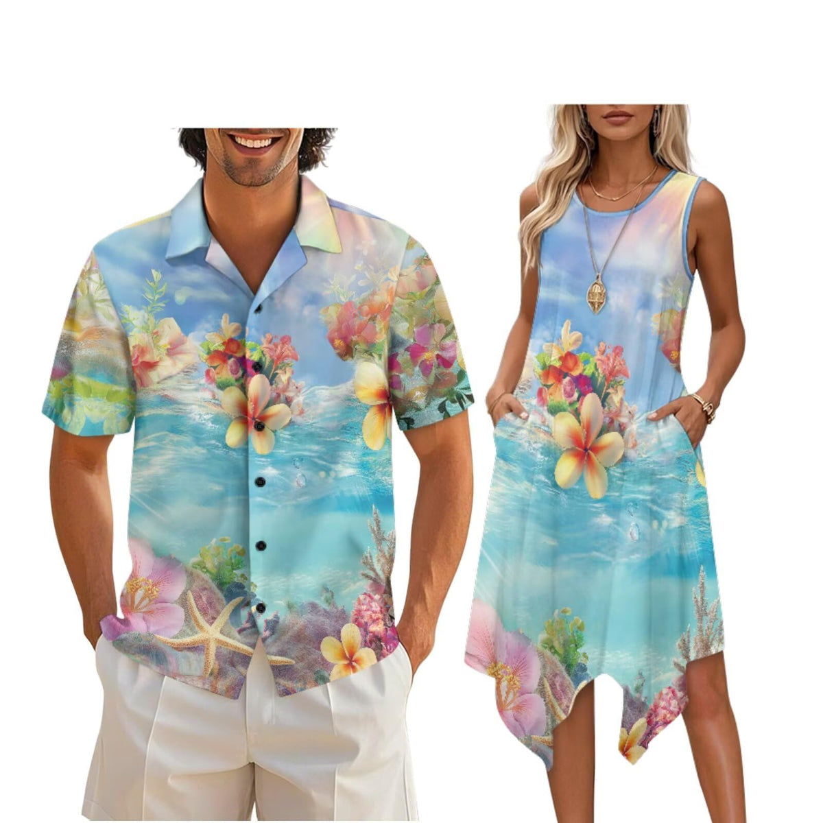 doginthehole Matching Hawaiian Outfits for Couples Men's Button Down Shirt Sleeveless Sundresses Summer Dress for Women