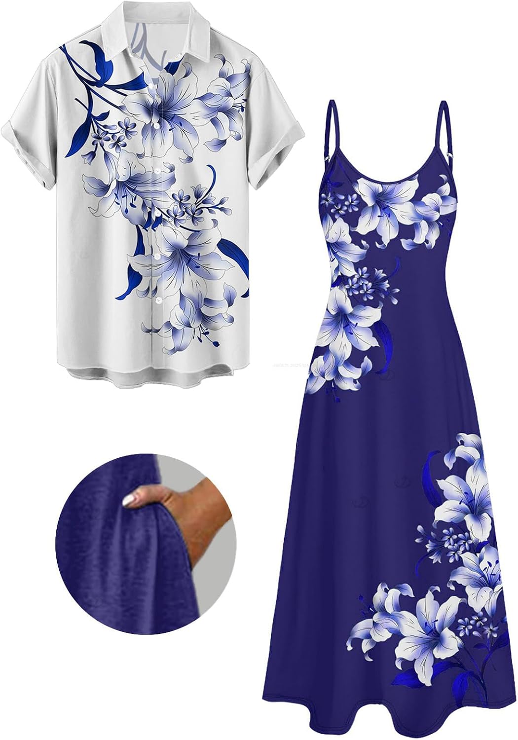 DRESSFO Couple Matching Hawaiian Outfits Watercolor Leaf Floral Print A Line Dress or Men's Short Sleeve Button Up Shirt