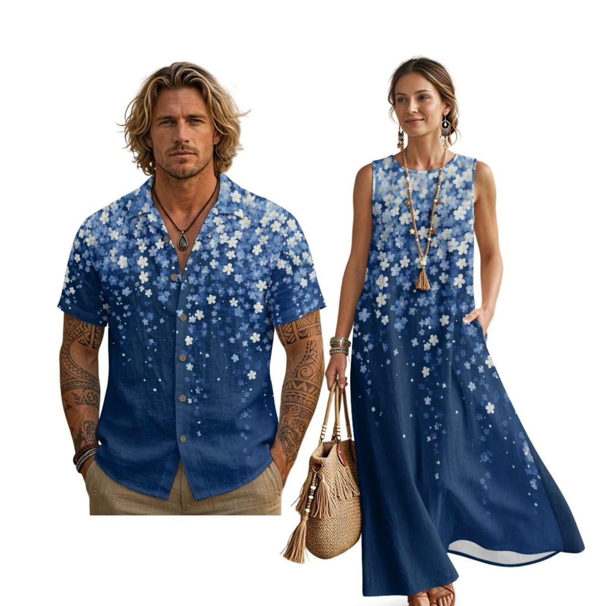 Women's Summer Dresses Sleeveless Sundresses, Men's Button Down Short Sleeve Shirts, Linen Couple Matching Outfits