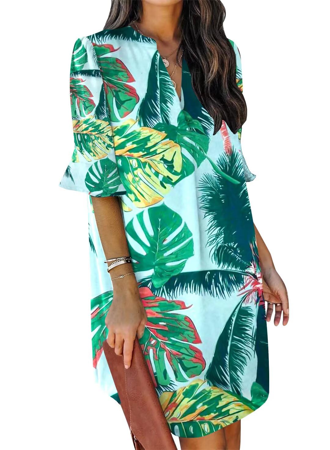 QACOHU Summer Dresses for Women V Neck Ruffle Short Sleeve Shift Dress