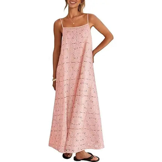 MEROKEETY Women's 2026 Summer Bohemian Spaghetti Strap Sundress - Casual Wear, Sleeveless Floral Lace Eyelet Boho Casual Fashion Beach Maxi Dress