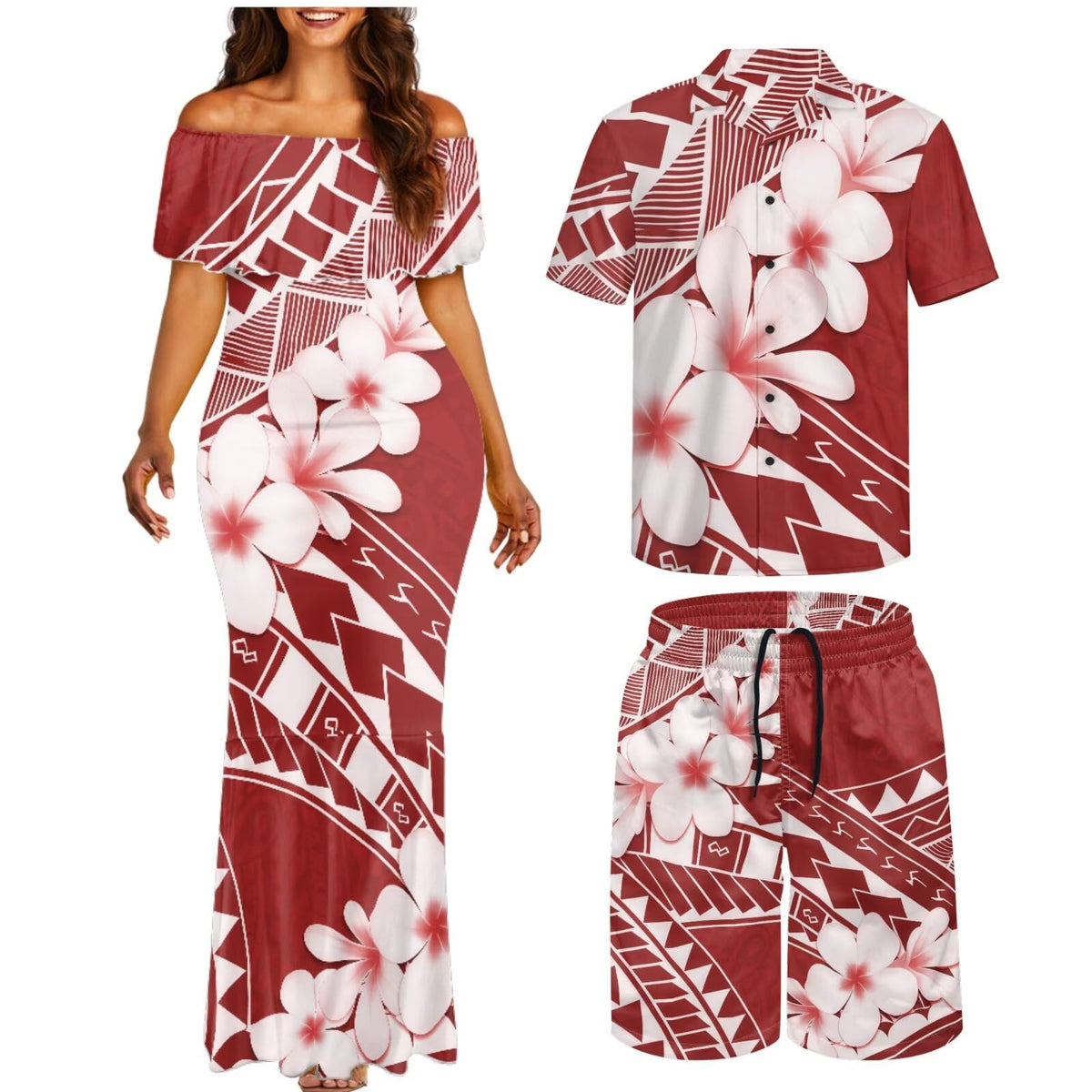 Matchable Couple Hawaiian Polynesian Puletasi Samoa Womens Dress with Mens Shirt and Mens Shorts Couple Set