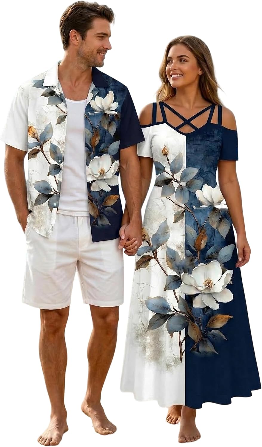 ROSE GAL Matchable Couples Hawaiian Men Shirt and Women Cold Shoulder Crisscorss Short Sleeves Midi Dress