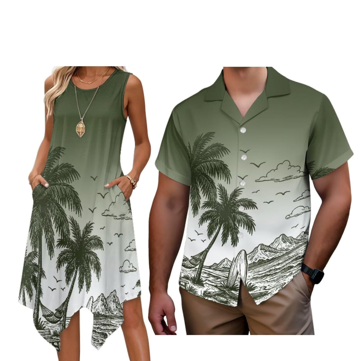 Matching Hawaiian Outfits for Couples Womens Asymmetrical Midi Dress Mens Beach Shirts Short Sleeve Button Up Shirt