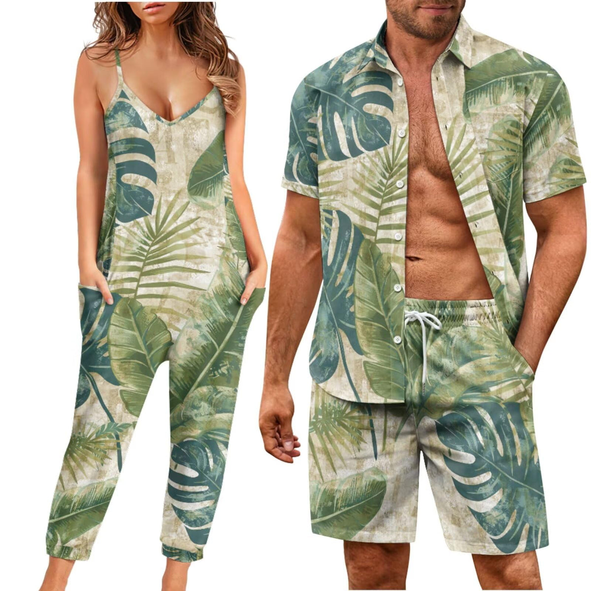 Matchable Couple Hawaiian Luau Men Shirt or Women V-Neck Jumpsuit