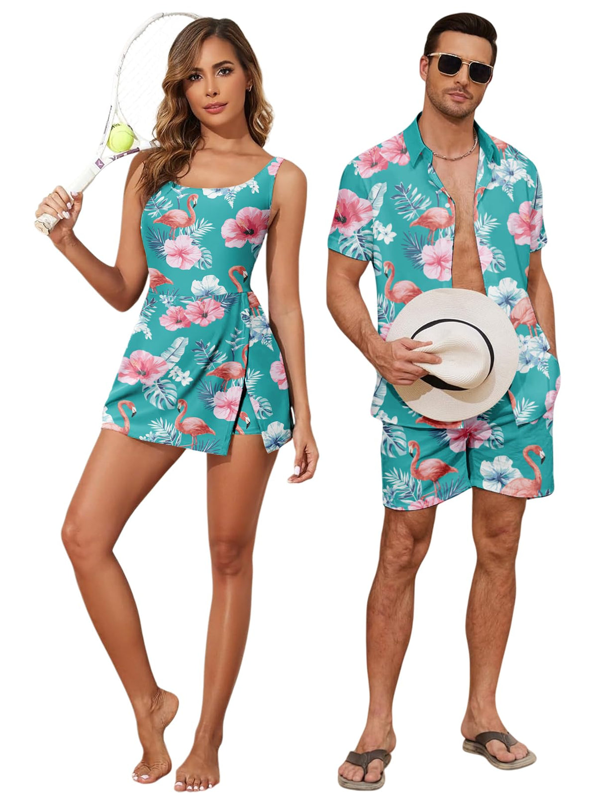 Matching Hawaiian Outfits Beach Vacation for Couples Tropical Print Women One Piece Swimwear or Men Shirt Suit