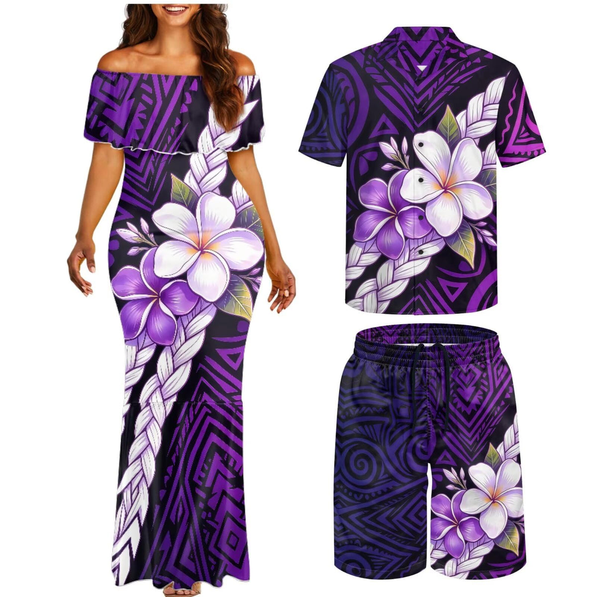 Matchable Couple Hawaiian Polynesian Puletasi Samoa Womens Dress with Mens Shirt and Mens Shorts Couple Set