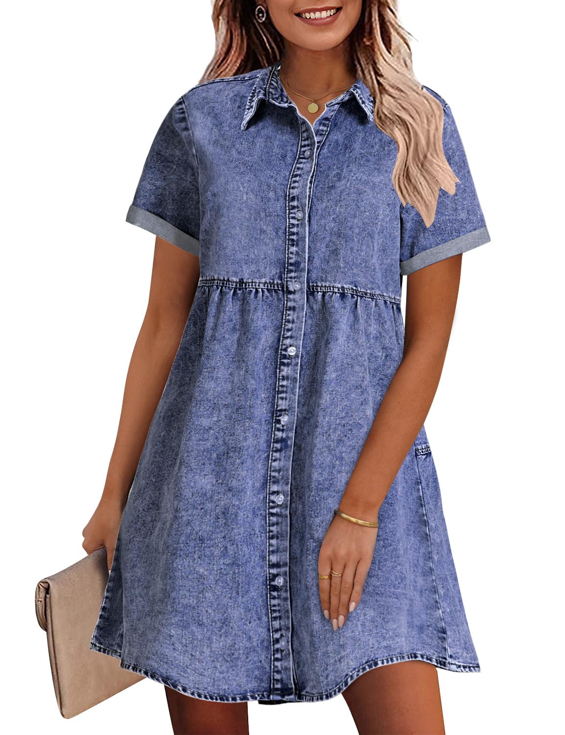 GRAPENT Denim Dress for Women Babydoll Tiered Short Sleeve Button Down Jean Shirt Dresses