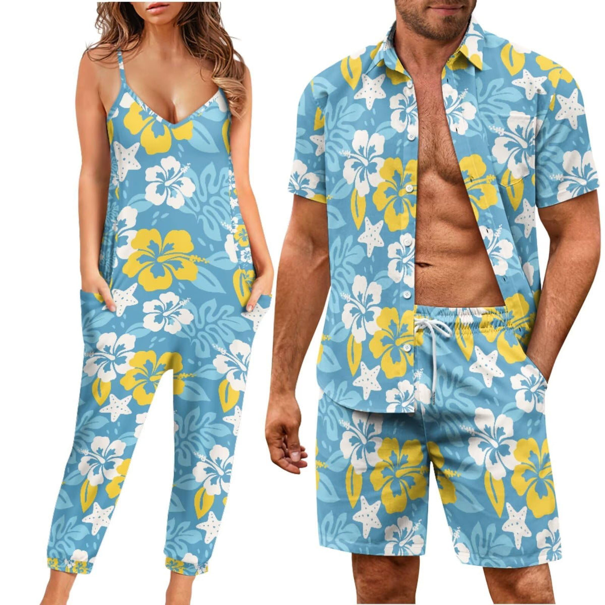 Matchable Couple Hawaiian Luau Men Shirt or Women V-Neck Jumpsuit