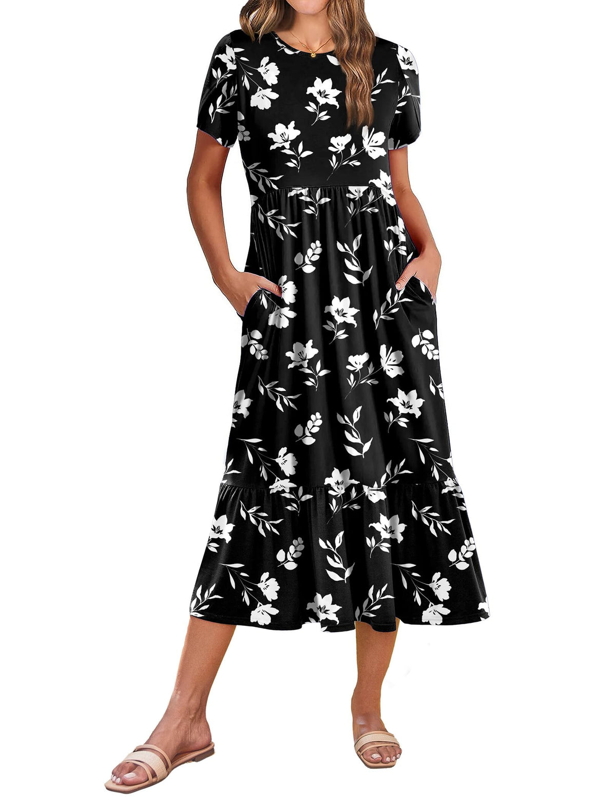 Zeagoo Women Summer Midi A Line Dress Short Sleeve Casual Flowy Tiered Beach Long Sundress with Pockets 2026 Vacation Travel