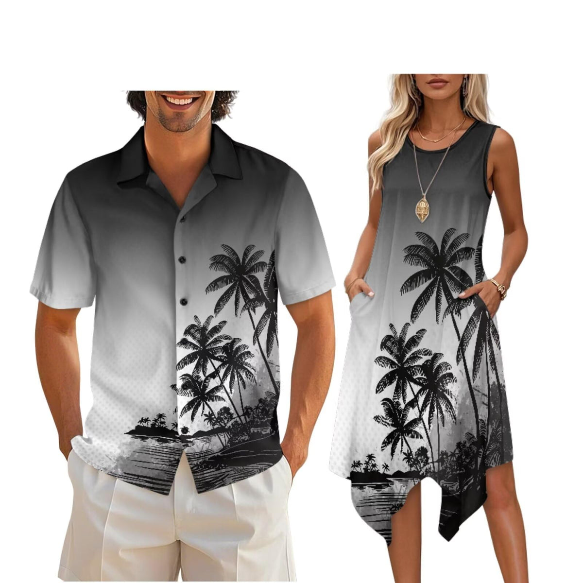 doginthehole Matching Hawaiian Outfits for Couples Men's Button Down Shirt Sleeveless Sundresses Summer Dress for Women