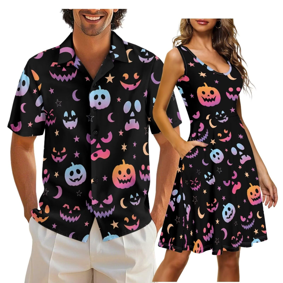 Cozeyat Matching Hawaiian Outfits for Couples Mens Button Up Polos Shirt and Women Sleeveless Sundress with Pockets