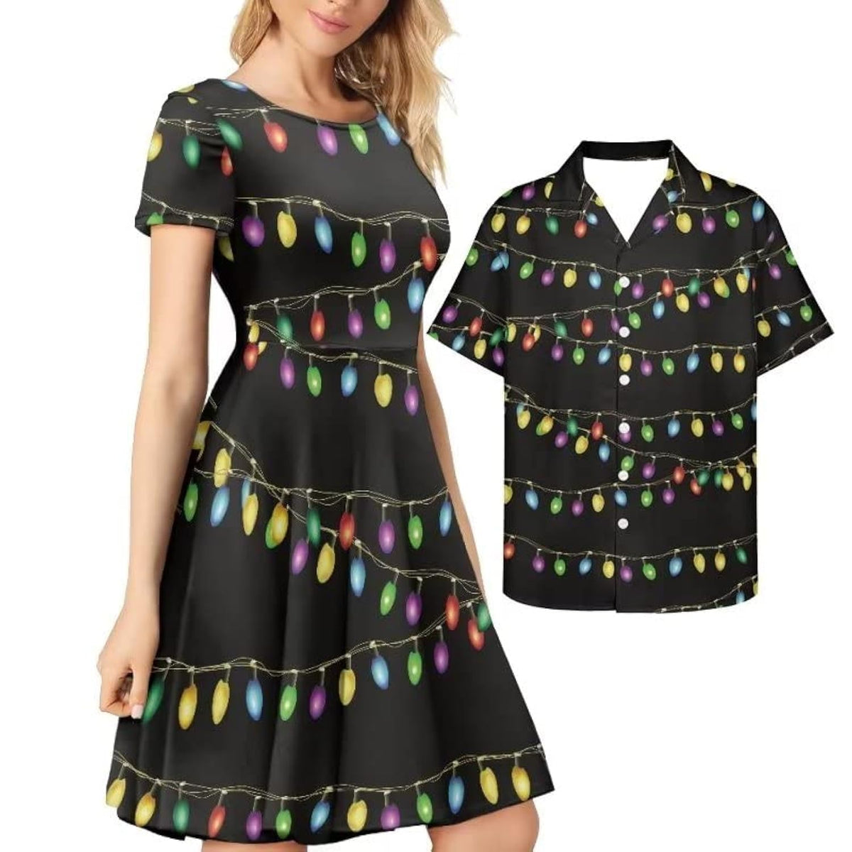 AmzPrint Couple Christmas Shirt and Dress Womens Elegant Short Sleeve Round Neck Cocktail Party Green Xmas Swing Dress