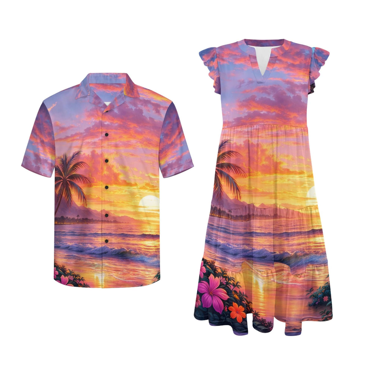 His and Hers Matching Hawaiian Outfits Mens Button Down Shirt Flowy Tiered Midi Dress