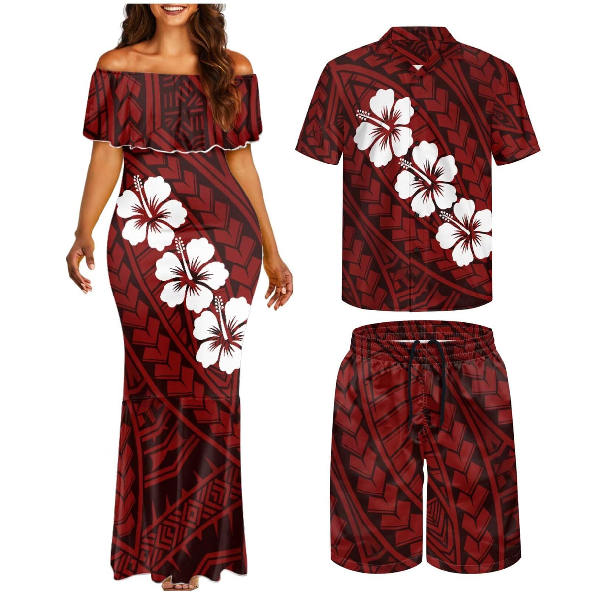 Matchable Couple Hawaiian Polynesian Puletasi Samoa Womens Dress with Mens Shirt and Mens Shorts Couple Set