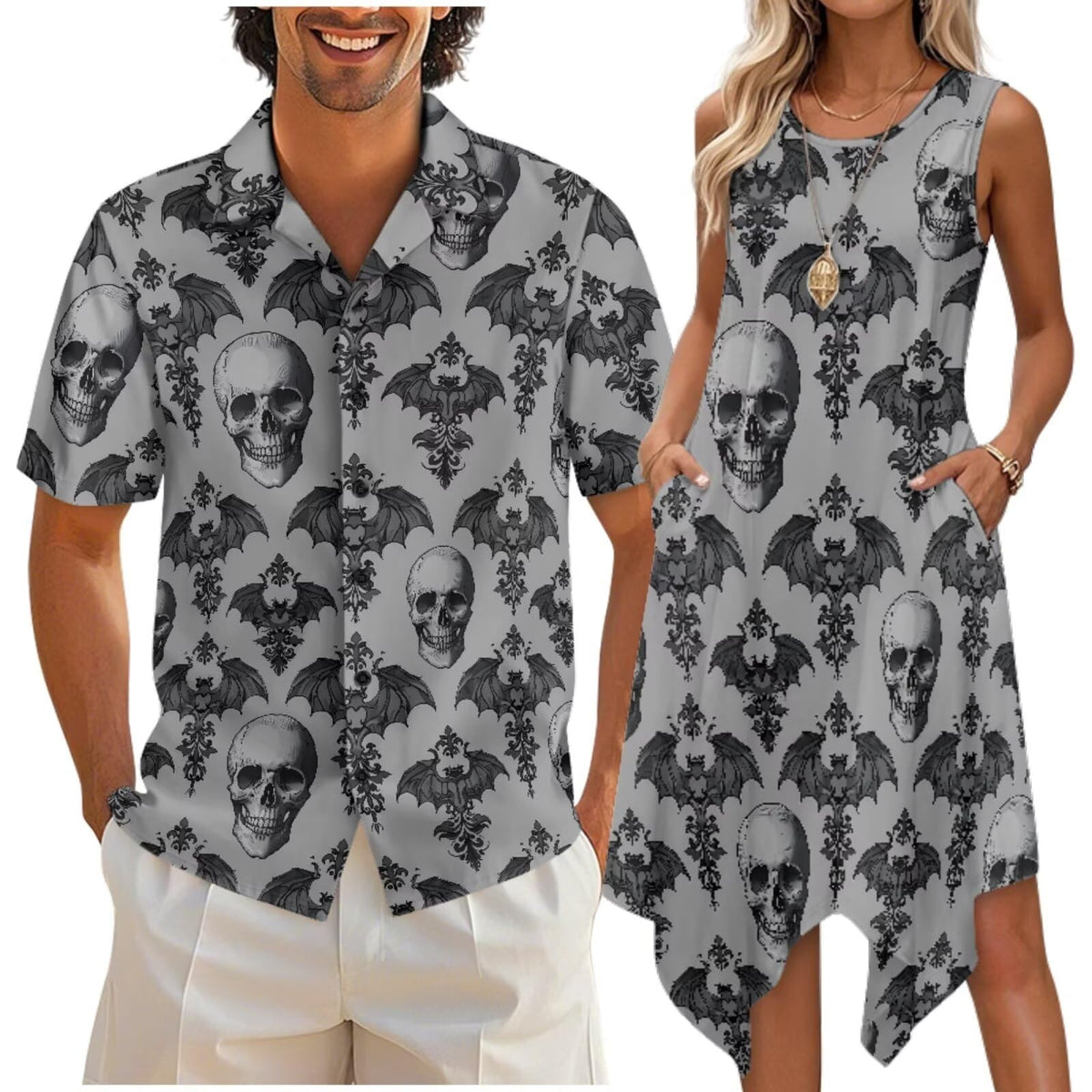 doginthehole Matching Hawaiian Outfits for Couples Men's Button Down Shirt Sleeveless Sundresses Summer Dress for Women