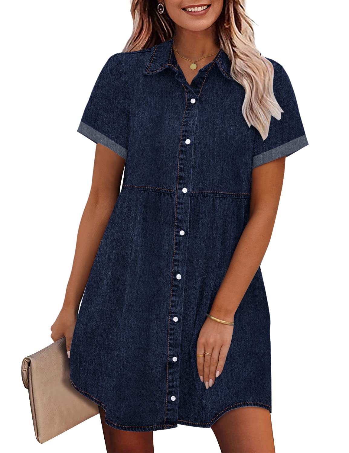 GRAPENT Denim Dress for Women Babydoll Tiered Short Sleeve Button Down Jean Shirt Dresses