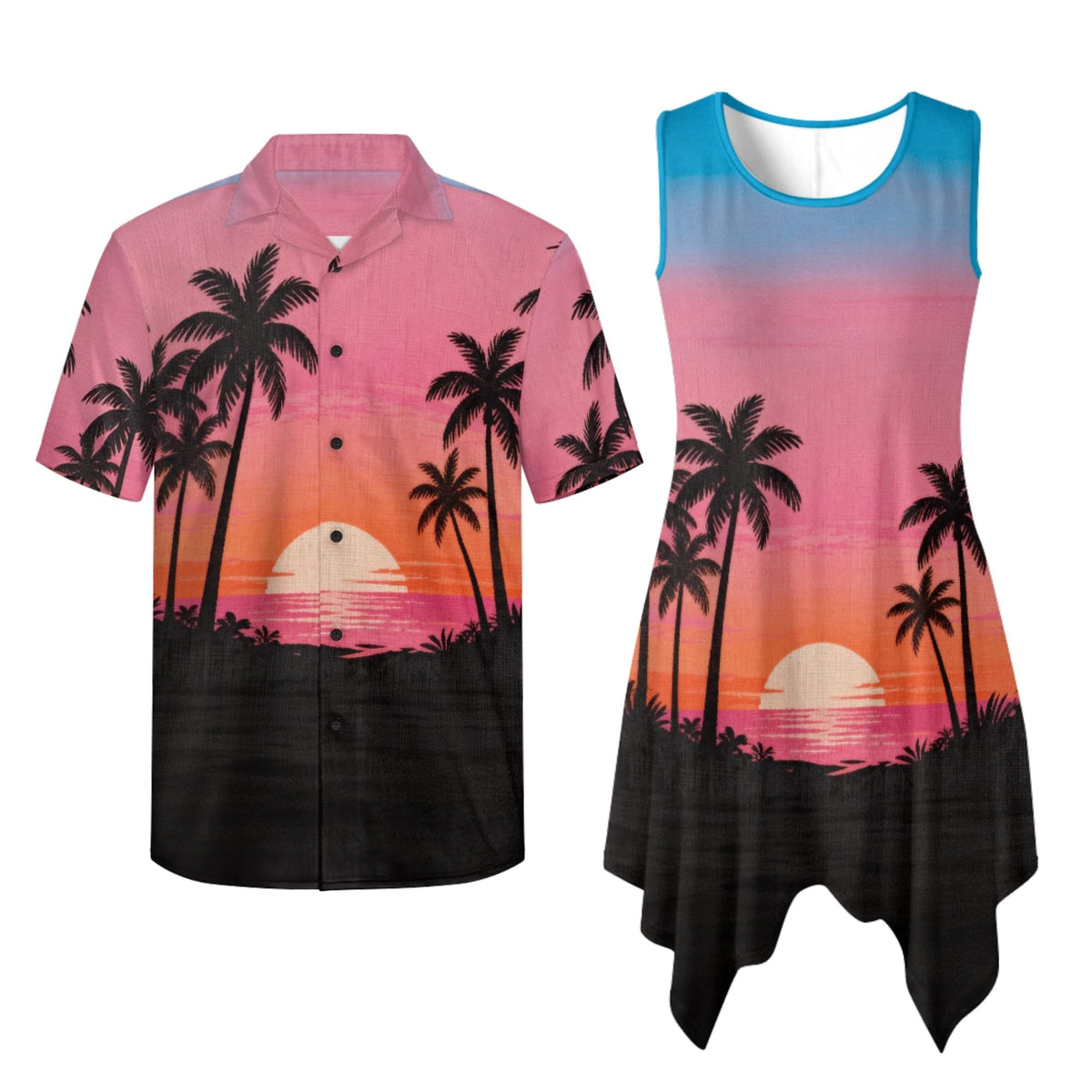 TOADDITDO Couple Shirts and Dress Matching Outfit Womens Sleeveless Flared Mini Sundress or Mens Buttons Hawaiian Aloha Shirt