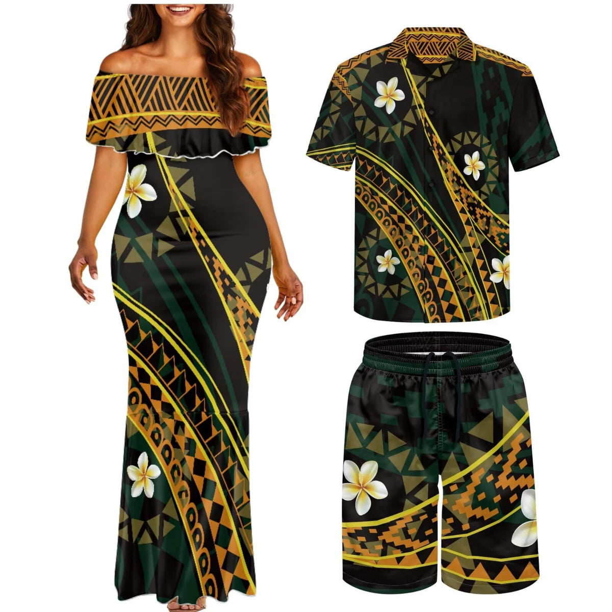 Matchable Couple Hawaiian Polynesian Puletasi Samoa Womens Dress with Mens Shirt and Mens Shorts Couple Set