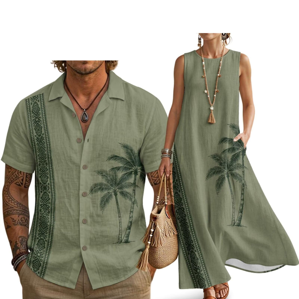 Husband and Wife Clothes Linen Casual Shirt for Men Maxi Dress for Women Summer Dress Matching Vacation Clothes