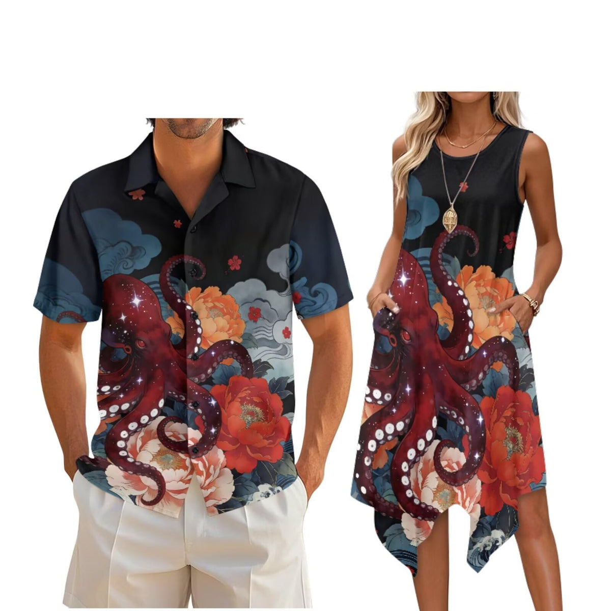 Couple Matching Outfit Hawaiian Men's Button Down Shirt Sleeveless Sundresses Dress Summer Dress for Women 2026