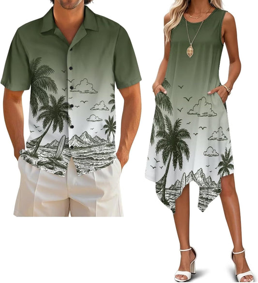 Belidome Couples Matching Outfits Husband and Wife Clothes Sleeveless Dress Button Down Short Sleeve Shirts