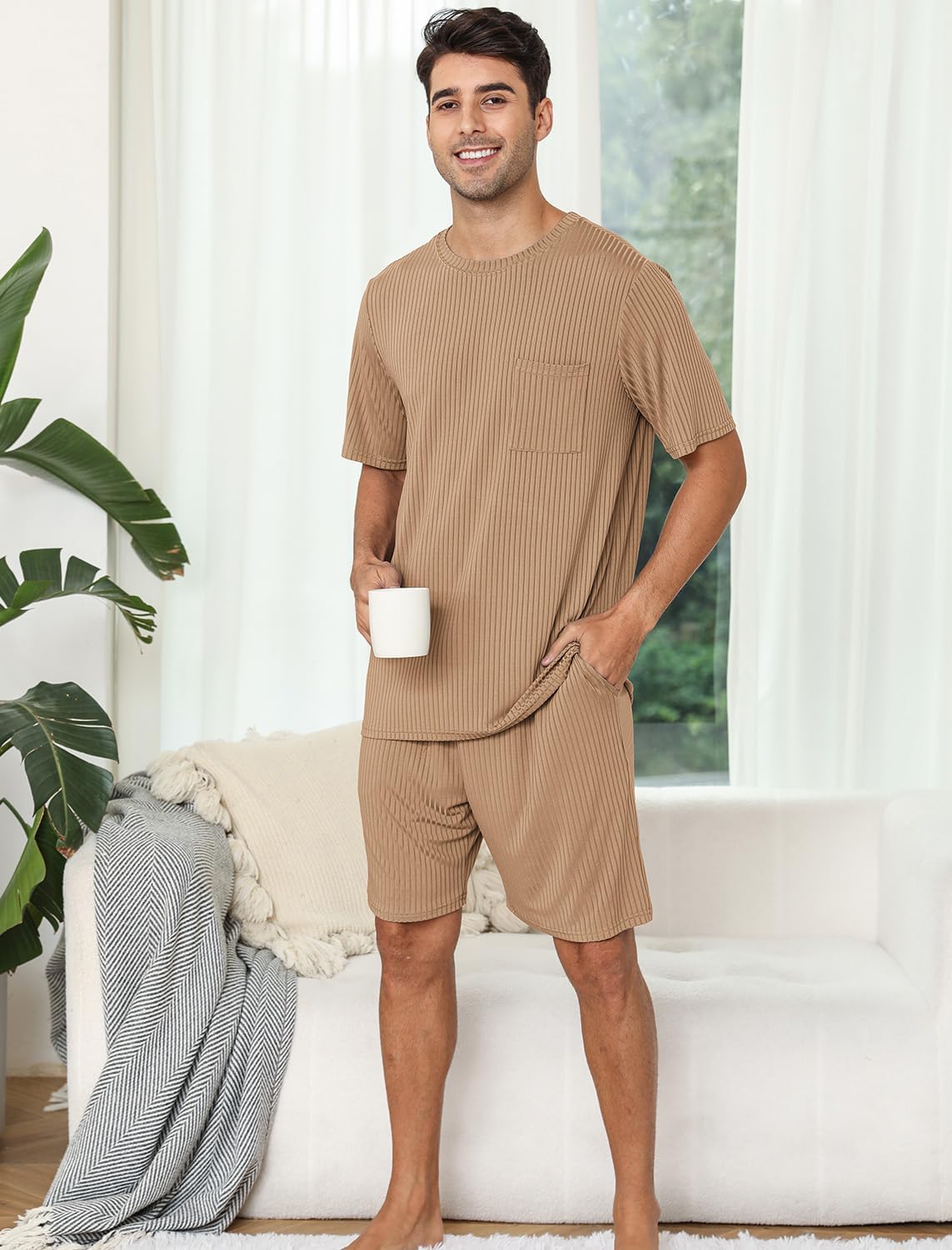 EISHOPEER Matching Pajamas for Couples 2 Piece Lounge Set Ribbed Knit Pajama Matching Tops and Shorts Soft Sleepwear S-XXL